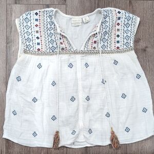 Rachel Zoe White Blouse with Blue Embroidery 100% Cotton Boho Top